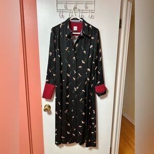 Paul Smith. Black Floral Long Sleeve Shirt Dress with Red Cuffs